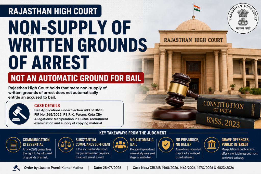 Non Supply of Written Grounds of Arrest Does Not Automatically Entitle an Accused to Bail - Rajasthan High Court